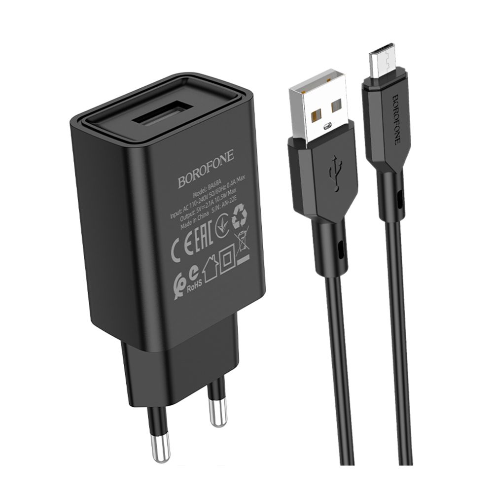 Мережевий Зарядний Пристрій Borofone BA68A Micro 1USB 2.1A Колір Чорний