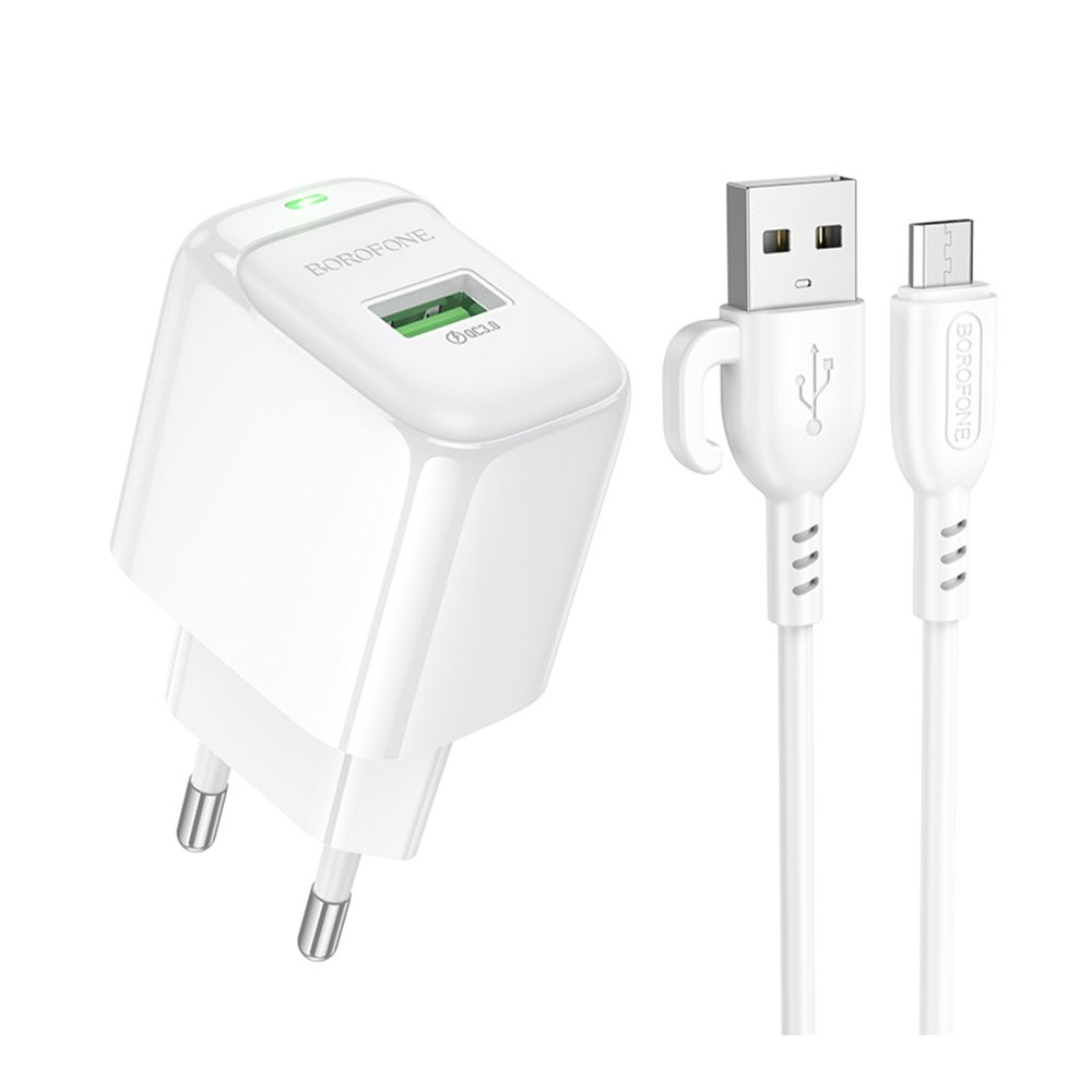 Мережевий Зарядний Пристрій Borofone BAS42A 1USB QC3.0 18W+USB to Micro Колір Бiлий
