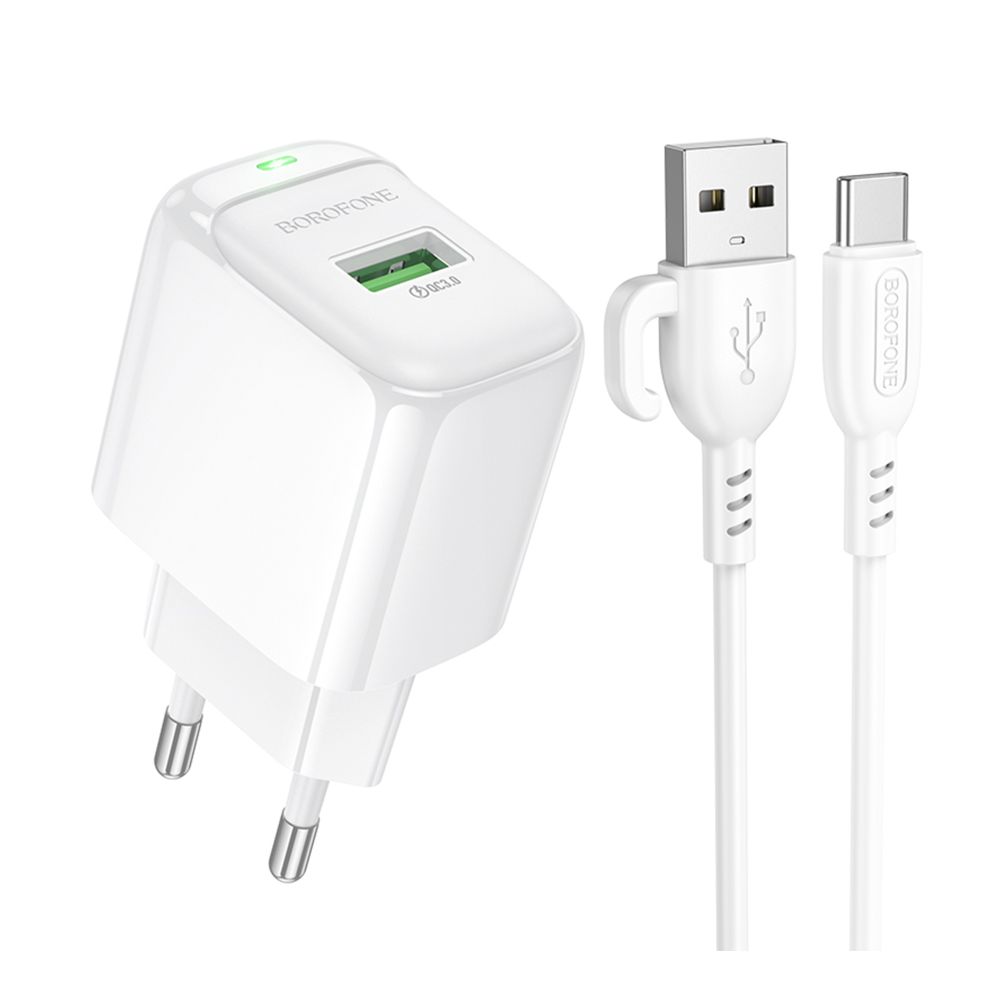 Мережевий Зарядний Пристрій Borofone BAS42A 1USB QC3.0 18W+USB to Type-C Колір Бiлий