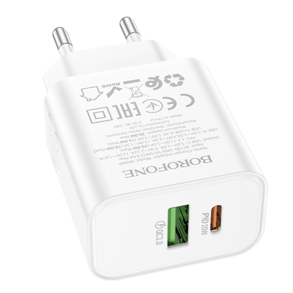 Мережевий Зарядний Пристрій Borofone BA88A 1USB-C/1USB PD/QC 20W Колір Чорний