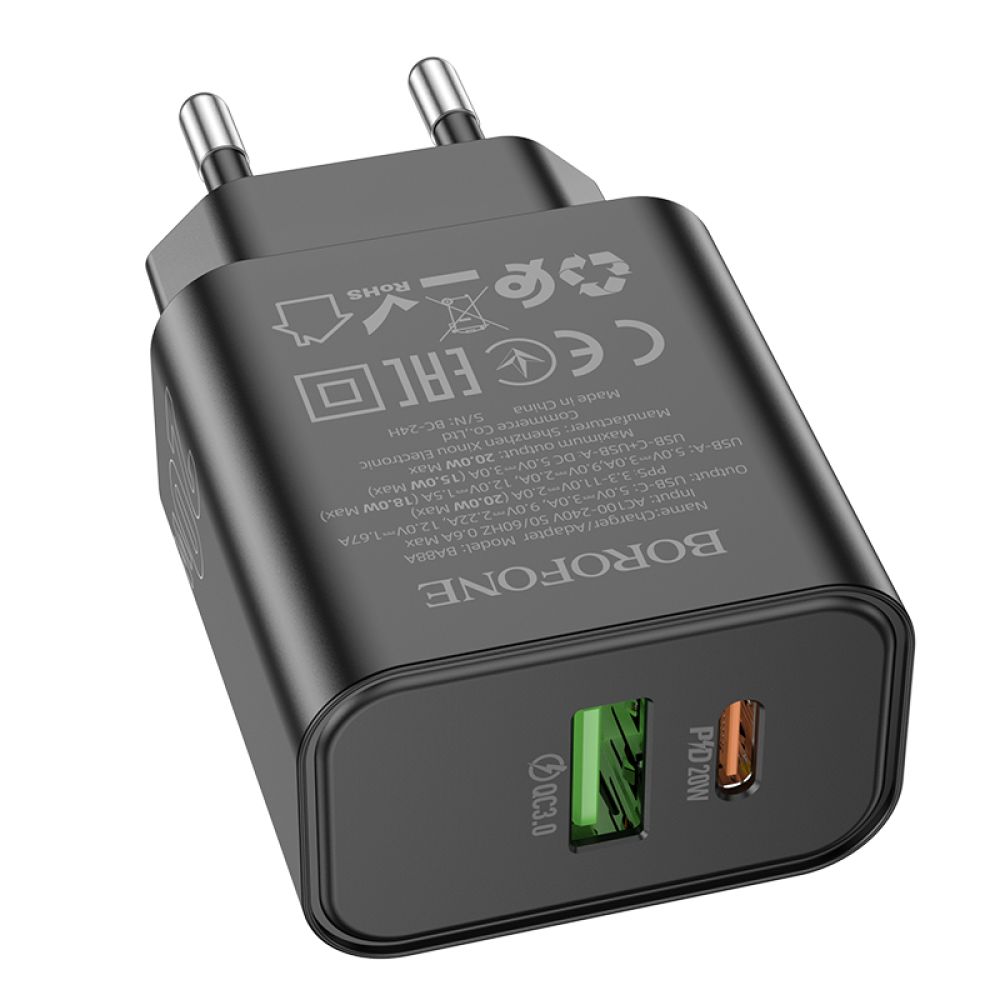 Мережевий Зарядний Пристрій Borofone BA88A 1USB-C/1USB PD/QC 20W Колір Чорний