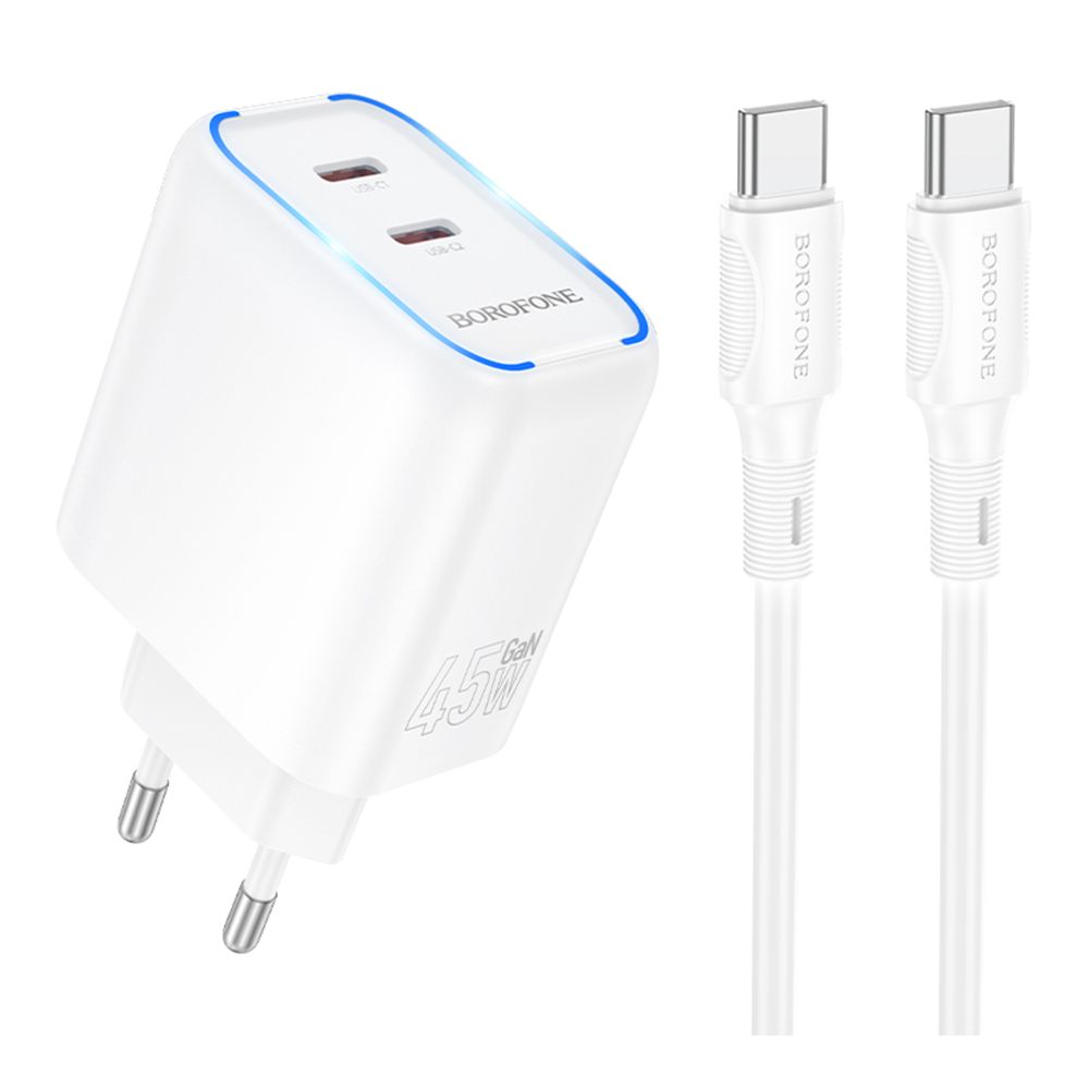 Мережевий Зарядний Пристрій Borofone BA90A 2USB-C PD/QC45W+Type-C to Type-C Колір Бiлий