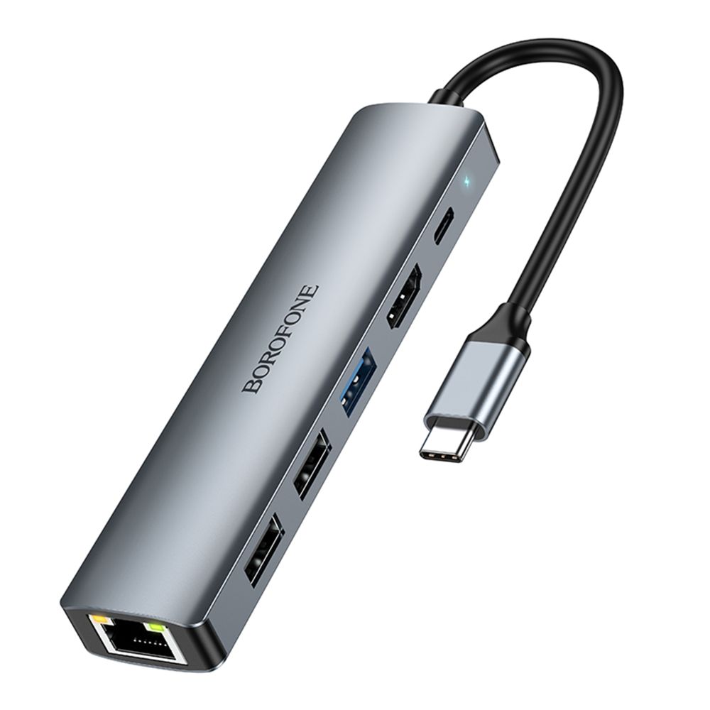 Хаб USB Borofone DH16 6-в-1 Type-C to HDMI+PD+USB3.0+USB2.0*2+RJ45(L=0.15M) Колір Сiрий